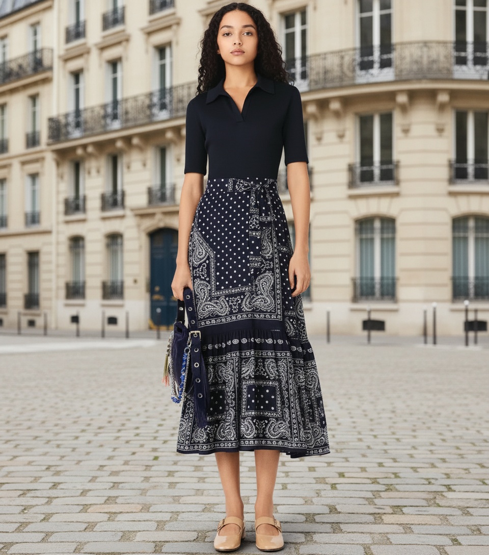Maje day dress and Clarks Cuties modest outfit inspiration