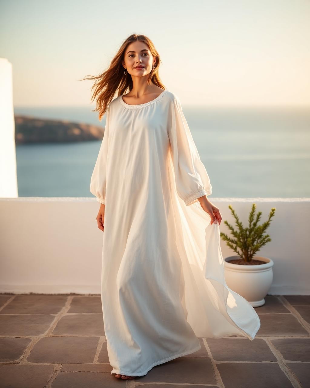 Woman wearing a flowing white summer abaya on a sunlit terrace by the sea