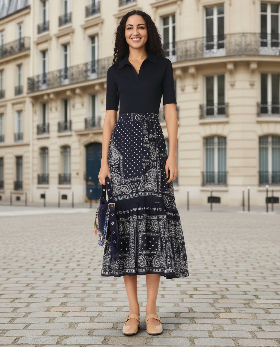 Maje day dress and Clarks  Cuties  modest outfit inspiration