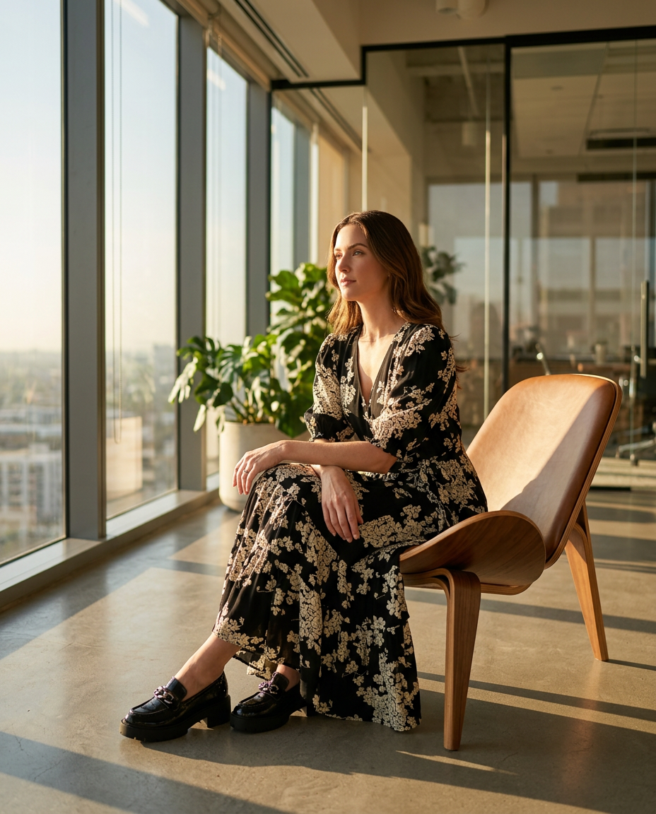 Morning Light at the Glass Office modest outfit inspiration