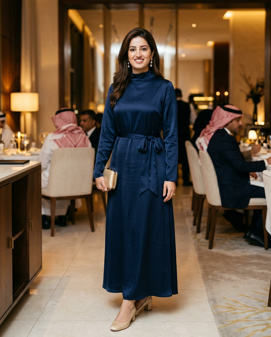 Navy Satin Dinner — full look