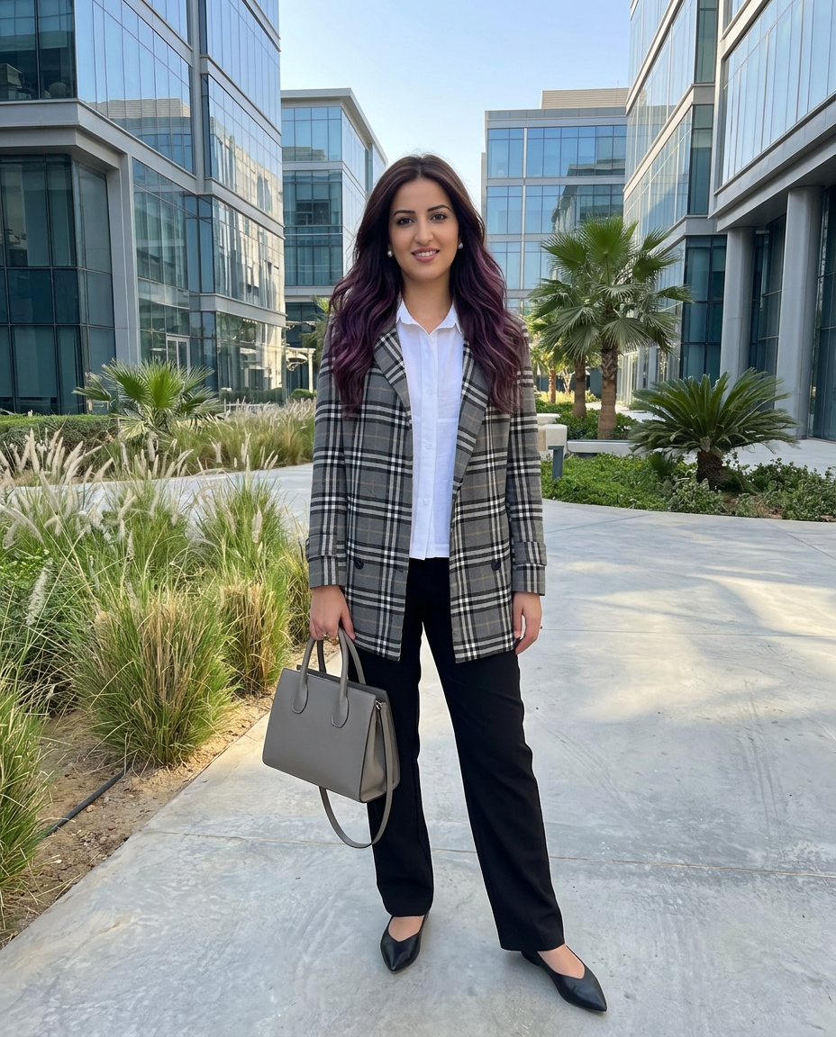 Grey Plaid Workday — full look
